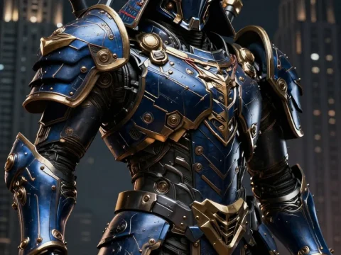 Gothic Sci-Fi Samurai Warrior in Blue and Gold Armor