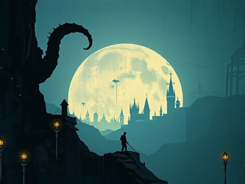 Gothic Silhouette with Giant Moon and Tentacle