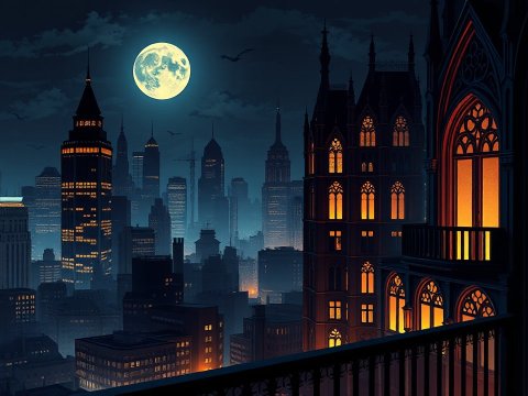 Gothic Style Modern Cityscape at Night with Full Moon