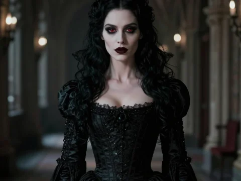 Gothic Vampire Woman in Dark Castle Corridor