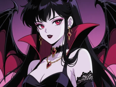Gothic Vampiress with Horns and Bat Wings in Anime Style