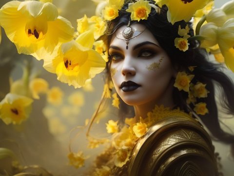 Gothic Woman Adorned with Yellow Daffodils