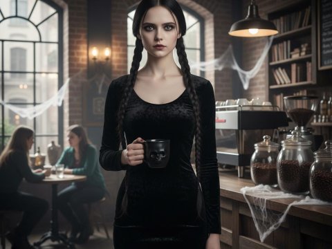 Gothic Woman in Cozy Coffee Shop with Halloween Decor