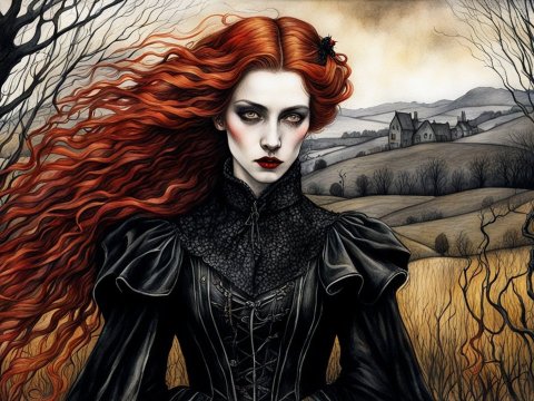 Gothic Woman with Fiery Red Hair in a Moody Countryside