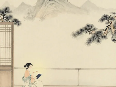 Graceful Woman Reading by Moonlight in Traditional Style