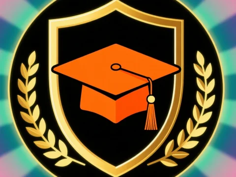 Graduation Cap Emblem with Golden Laurel on Radiant Background