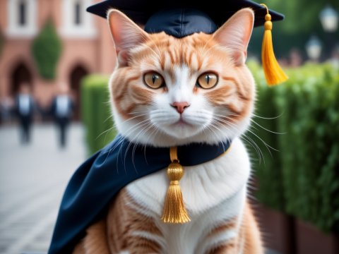 Graduation Cat Wearing Cap and Gown Outdoors