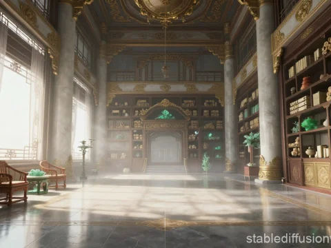 Grand Ancient Library Interior with Ornate Columns and Shelves