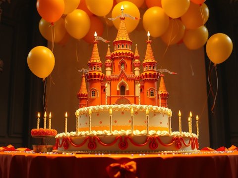 Grand Castle Birthday Cake with Orange Balloons