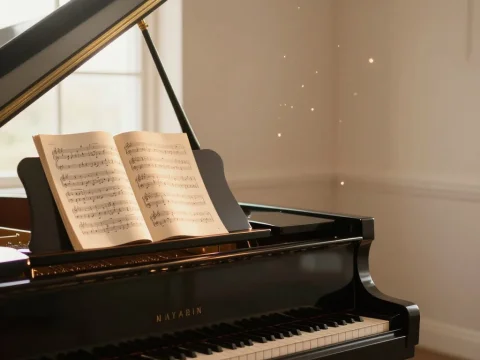 Grand Piano with Open Sheet Music in Sunlit Room