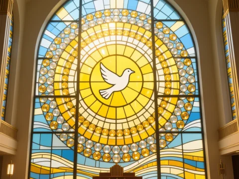 Grand Stained Glass Window Featuring a Dove in a Church