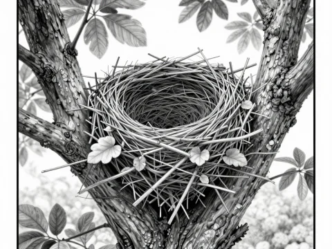 Graphite Sketch of a Bird's Nest in a Tree