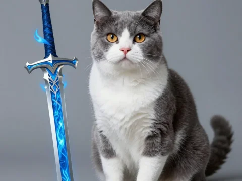 Gray Cat Paladin with Enchanted Blue Sword