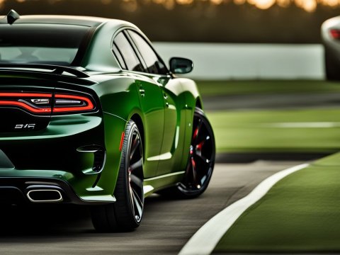 Green Dodge Charger SRT on Race Track at Sunset