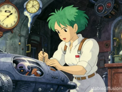 Green-Haired Mechanic Working on Futuristic Vehicle