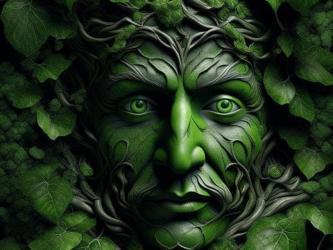 Green Man Face Emerging from Twisted Vines and Leaves