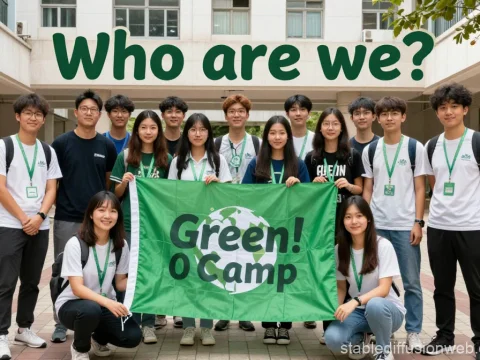Green O Camp Student Group Photo with Banner
