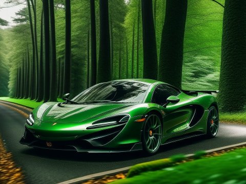 Green Sports Car on Forest Road