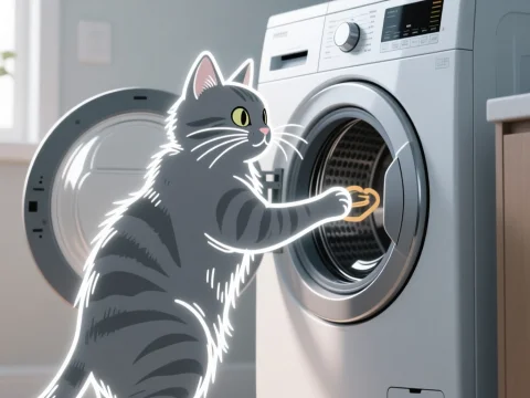 Grey Cat Interacting with Washing Machine