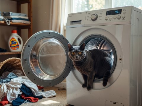 Grey Cat Using Washing Machine