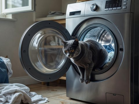 Grey Cat Using Washing Machine