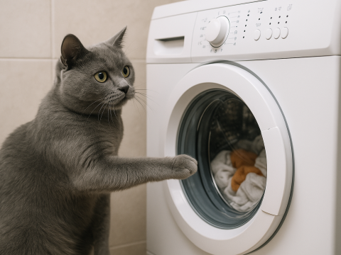 Grey Cat Using Washing Machine