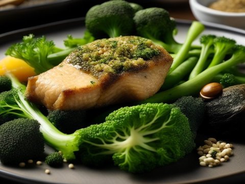 Grilled Salmon with Fresh Broccoli on Plate