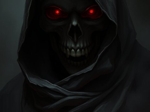 Grim Reaper with Glowing Red Eyes in Dark Hood