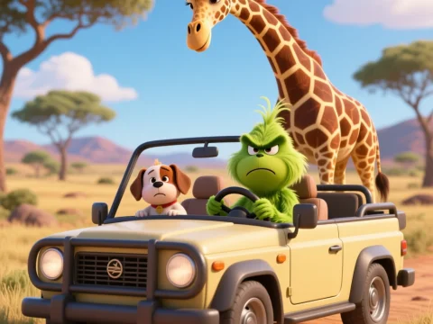 Grinch and Dog on Safari with Giraffe