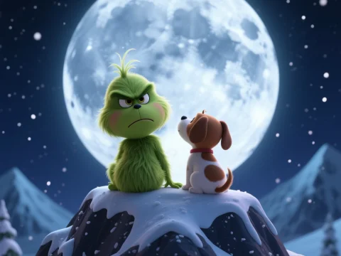 Grinch and Max Sitting on Snowy Mountain Under Full Moon
