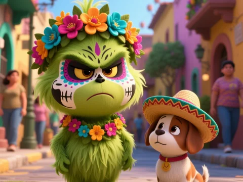 Grinch Character with Skull Makeup and Festive Dog in Colorful Street