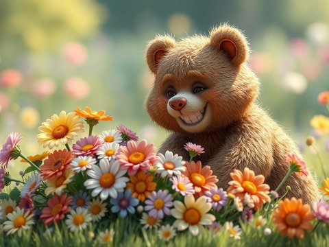 Grinning Cartoon Bear Among Colorful Flowers