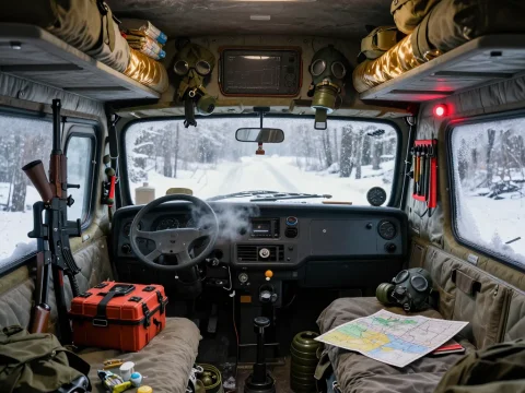 Gritty Post-Apocalyptic Survival Vehicle Interior in Snowy Landscape