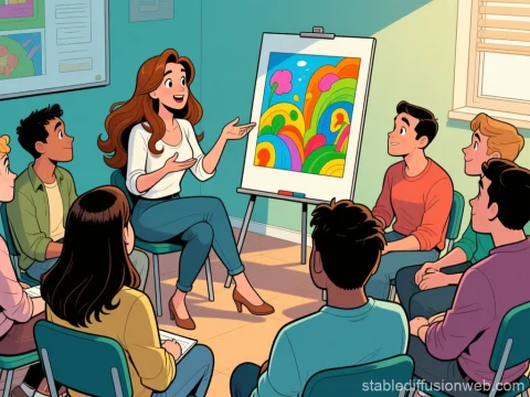 Group Coaching Circle Discussing Colorful Artwork