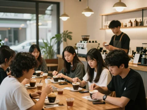 Group Enjoying Coffee Tasting Workshop in Modern Cafe