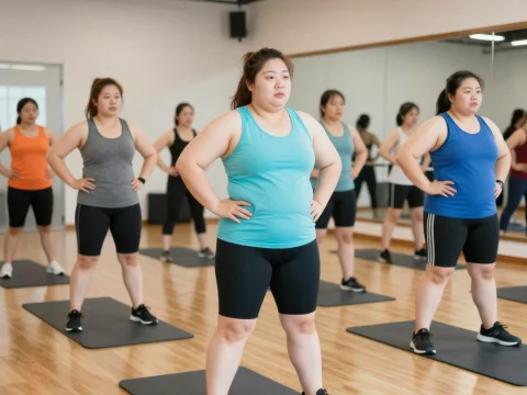 Group Fitness Class with Diverse Participants in Workout Attire