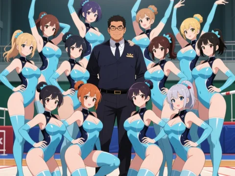 Group of Cheerleaders with Coach in Gymnasium