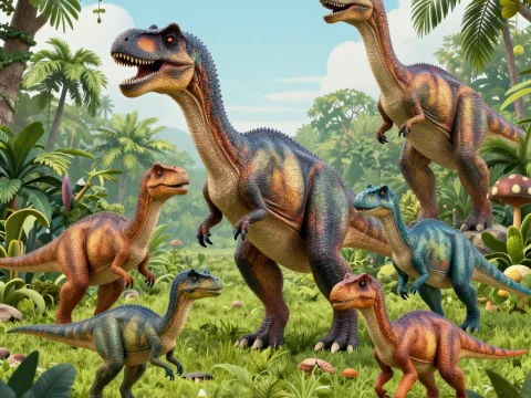 Group of Dinosaurs in a Lush Jungle