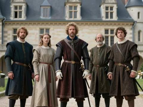 Group of French Knights and Noblewoman in Medieval Attire