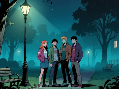 Group of Friends Standing in a Foggy Park at Night