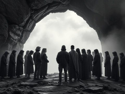 Group of Hooded Figures in a Dark Cave Entrance