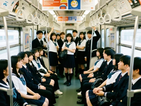 Group of Japanese Students in School Uniforms on a Train