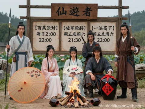 Group of Martial Artists in Traditional Attire by Campfire