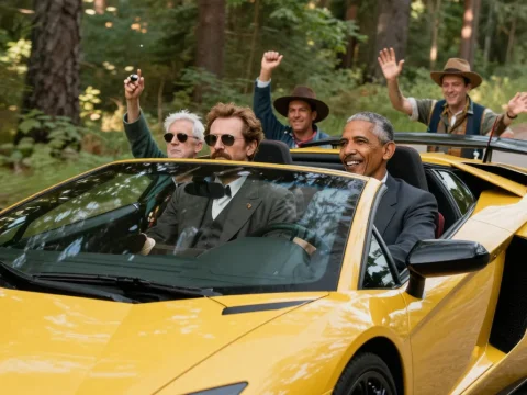 Group of Men Enjoying a Ride in a Yellow Convertible Sports Car