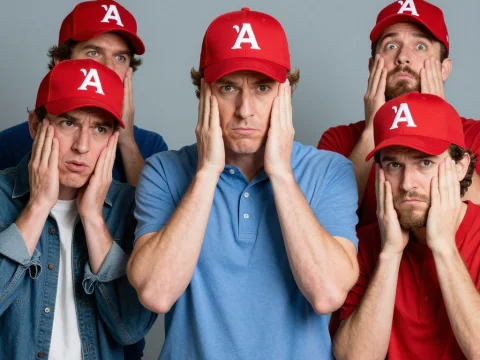 Group of Men Wearing Red Caps with Surprised Expressions