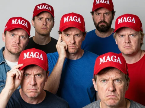 Group of Men Wearing Red MAGA Hats with Serious Expressions