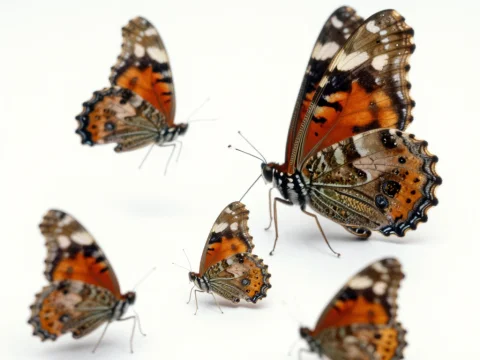 Group of Painted Lady Butterflies on White Background