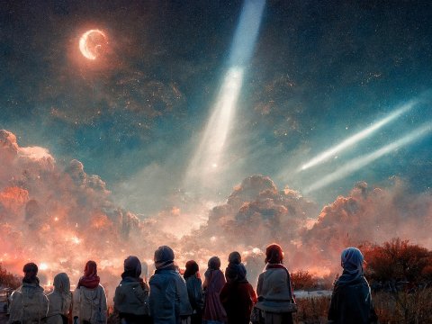 Group of People Gazing at a Mystical Night Sky with Moon and Beams