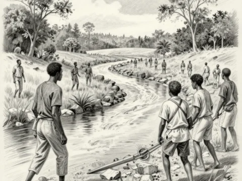 Group of People Preparing to Cross a River in a Natural Landscape