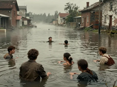 Group of People Wading Through Flooded Colonial Village
